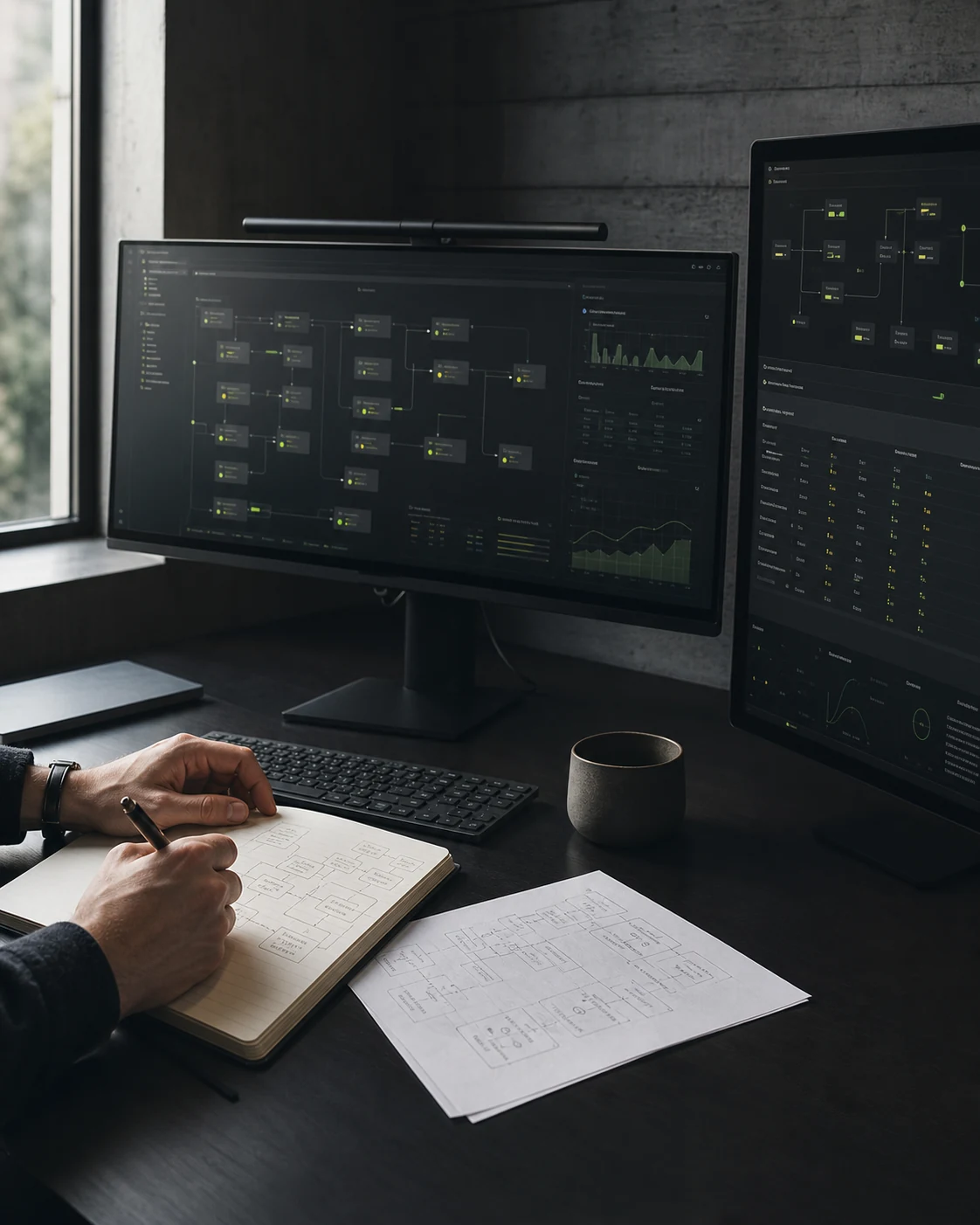 Enterprise software architect mapping operational workflows beside live system dashboards