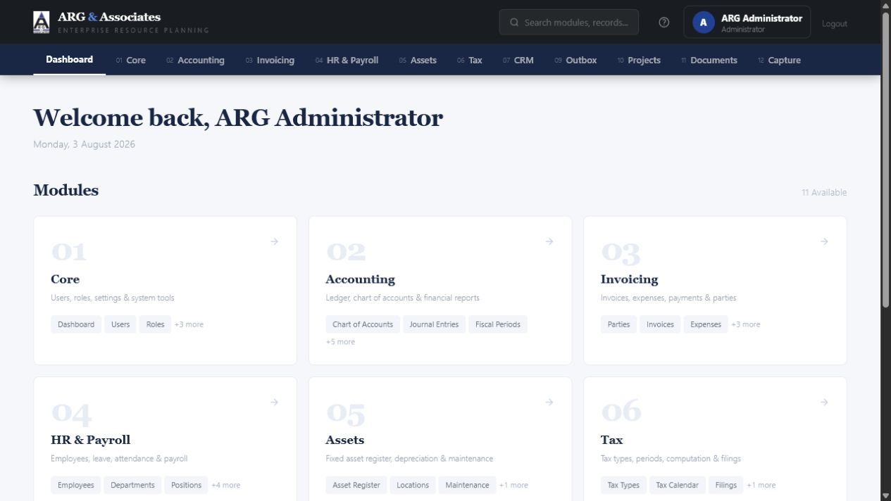 ARGAA Platform module hub showing Core, Accounting, Invoicing, HR and Payroll, Assets, Tax, CRM, Projects, Documents, Capture, and System modules