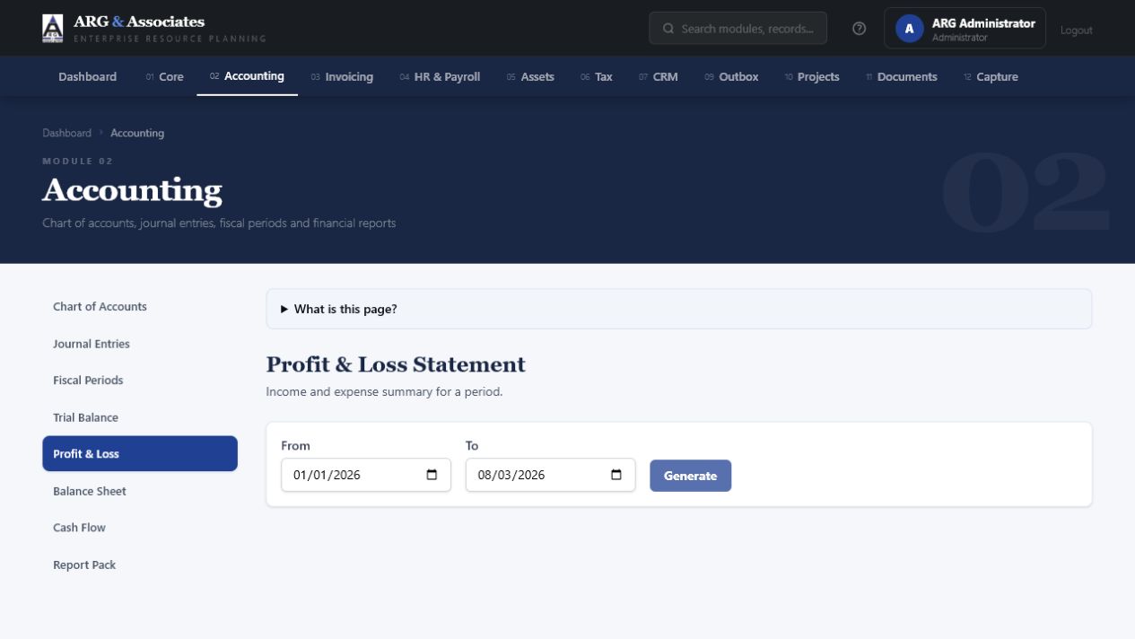 ARGAA Accounting module displaying a generated profit and loss statement with reporting dates, income accounts, expenses, and export controls