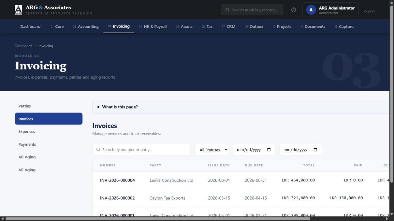 ARGAA Invoicing module showing invoice numbers, clients, issue and due dates, total, paid amount, outstanding balance, and status