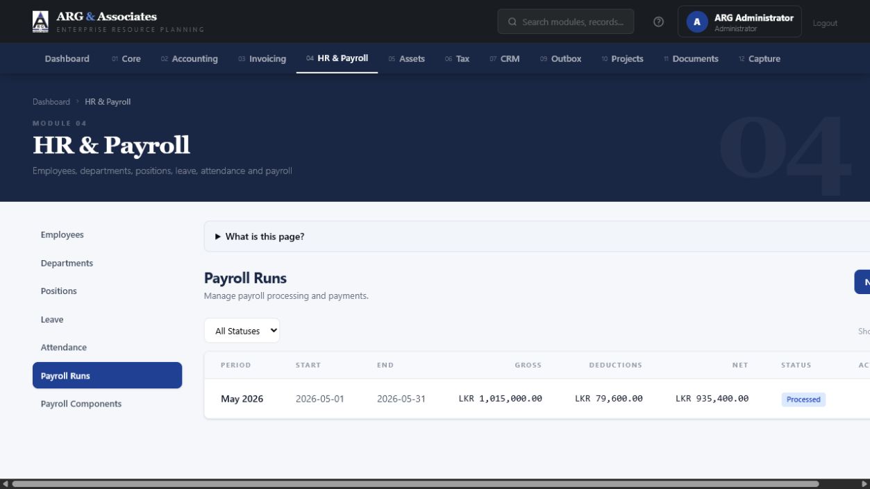 ARGAA HR and Payroll module showing a processed payroll period with gross pay, deductions, net pay, and processing status