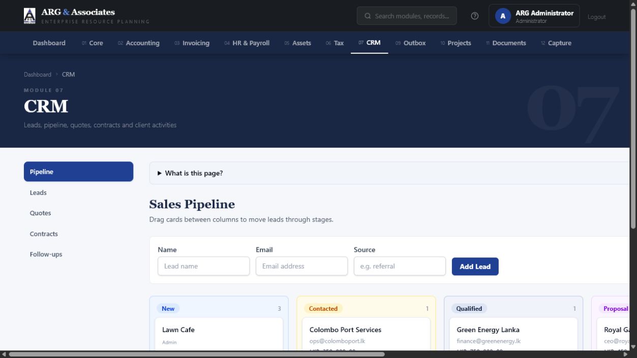 ARGAA CRM sales pipeline with leads organised into New, Contacted, Qualified, Proposal, Won, and Lost stages