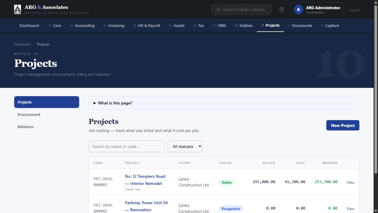 ARGAA Projects module showing project codes, clients, status, billed value, cost, and margin