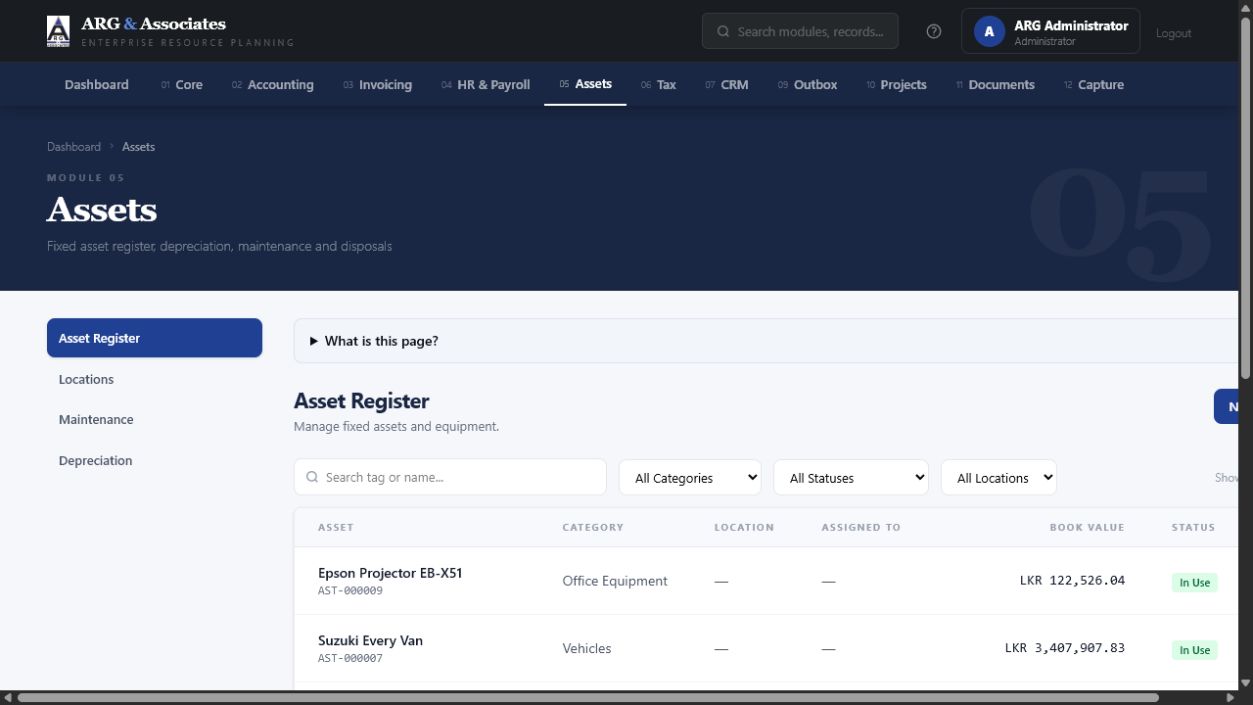 ARGAA Assets module showing equipment and vehicles with categories, assignments, book values, maintenance attention, and status