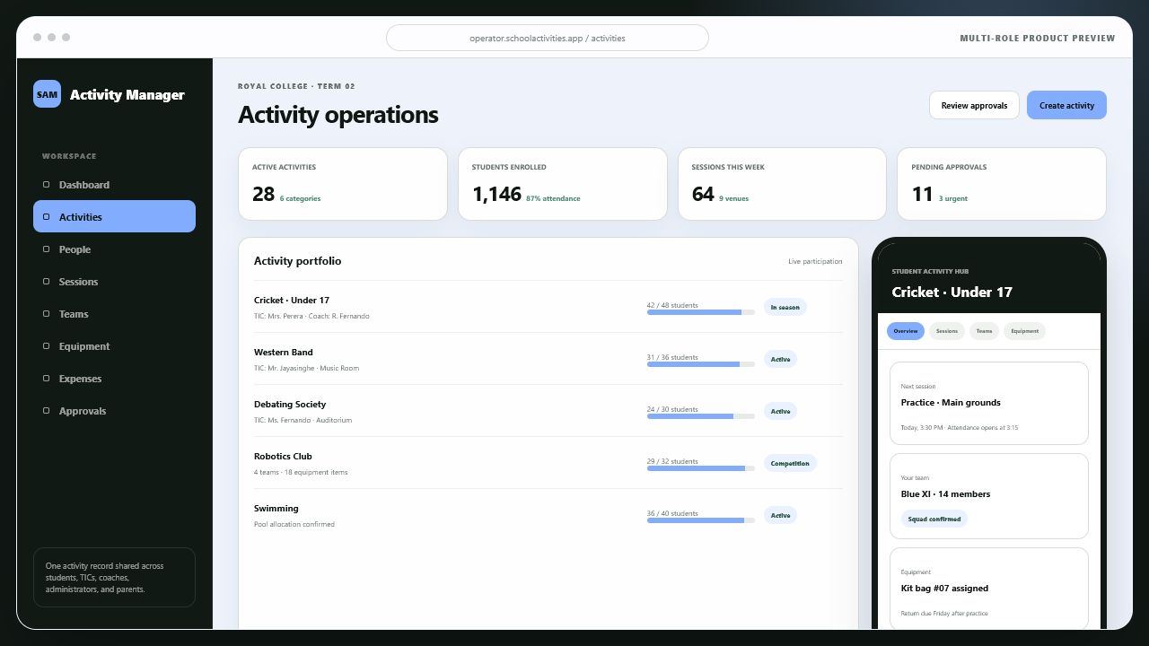 School Activity Manager showing the school activity portfolio, enrolment, attendance, approvals, and a student activity hub