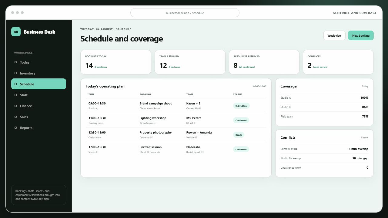 Small Business Manager scheduling screen showing bookings, team coverage, resource reservations, and conflicts