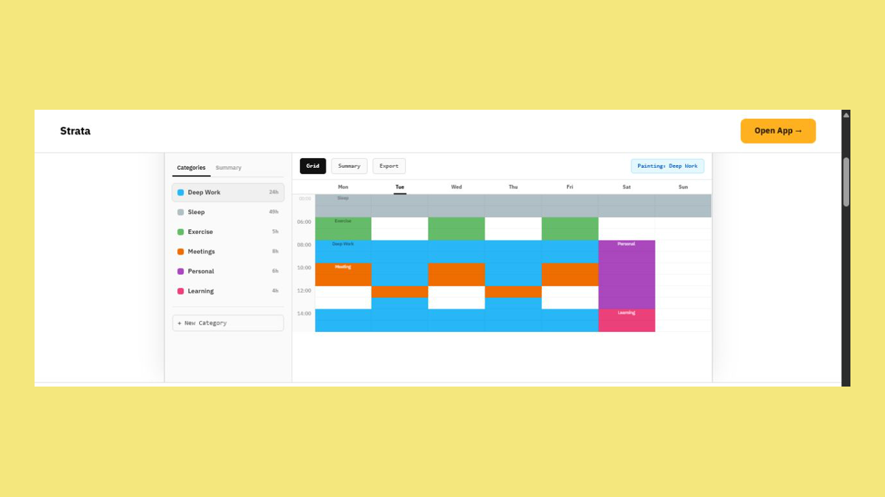 Working Strata timetable interface showing categories and colour-coded activities across a seven-day weekly grid with summary and export controls